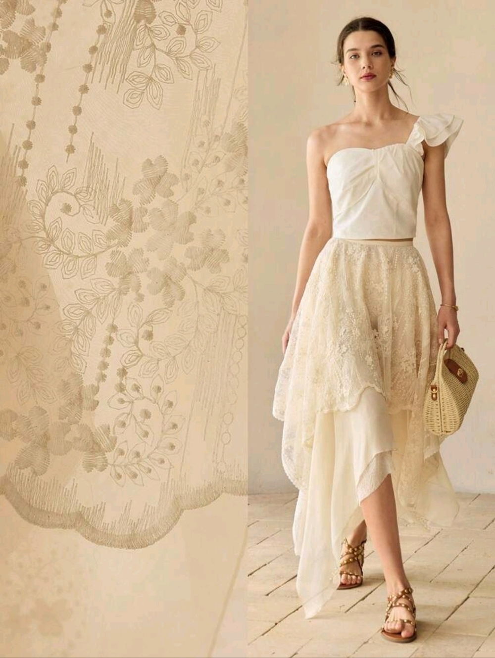 Ivory Layered Lace High-Low Skirt – Perfect for Weddings, MOTF, Size L